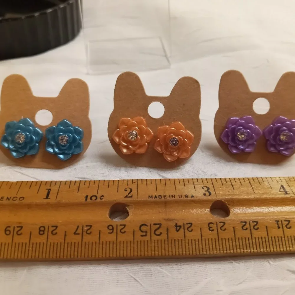 Three Pair Steel Handmade Hand Crafted Resin Flower Stud Earrings Jewelry #51 - Picture 2 of 14
